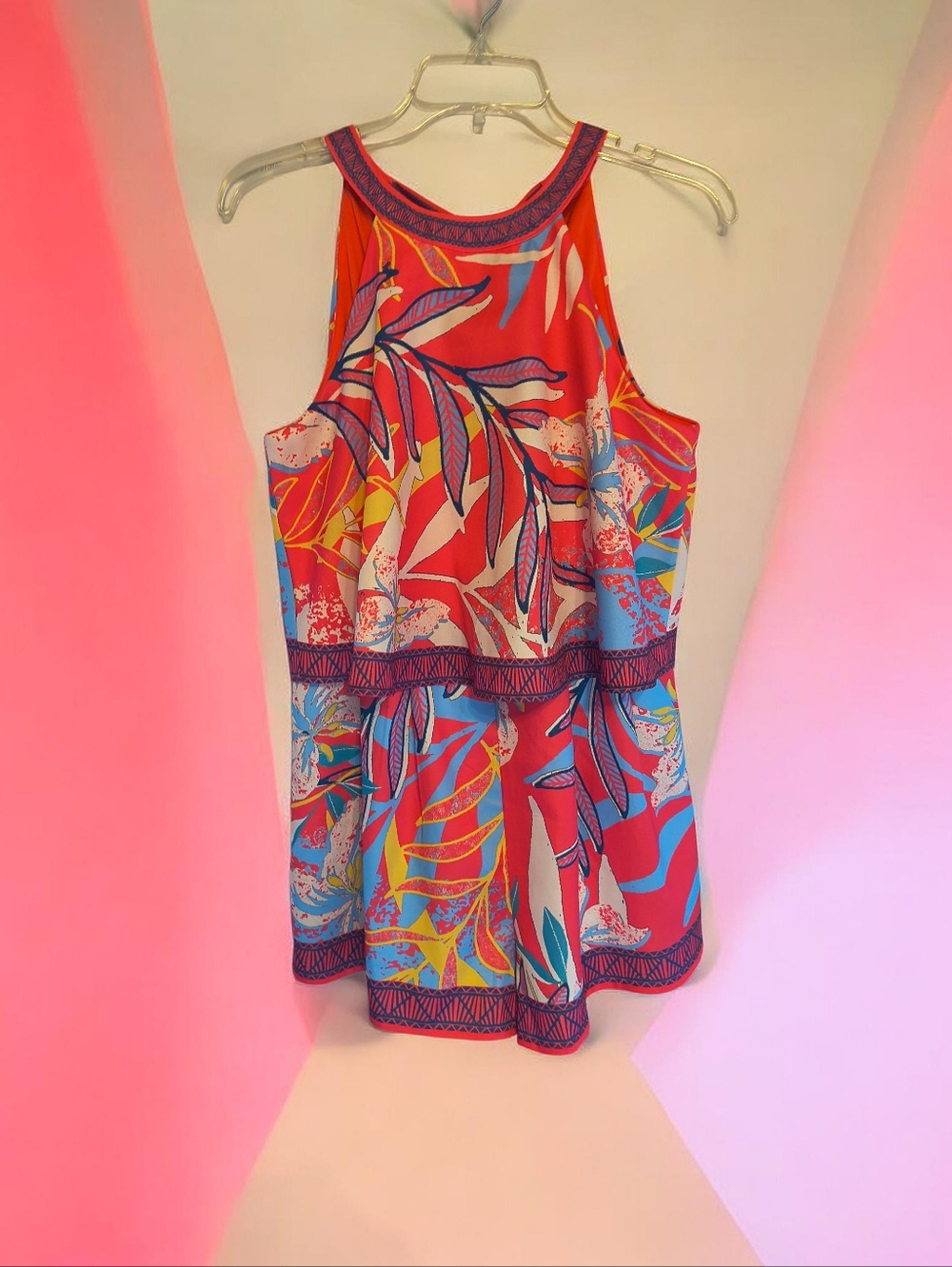 Bright Coral Floral Halter Romper (S)